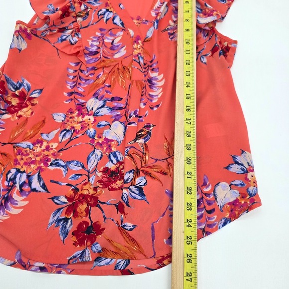 Womens M Coral Floral Ruffle Sleeve Blouse V-Neck Lightweight Boho‎ Top - Picture 13 of 13
